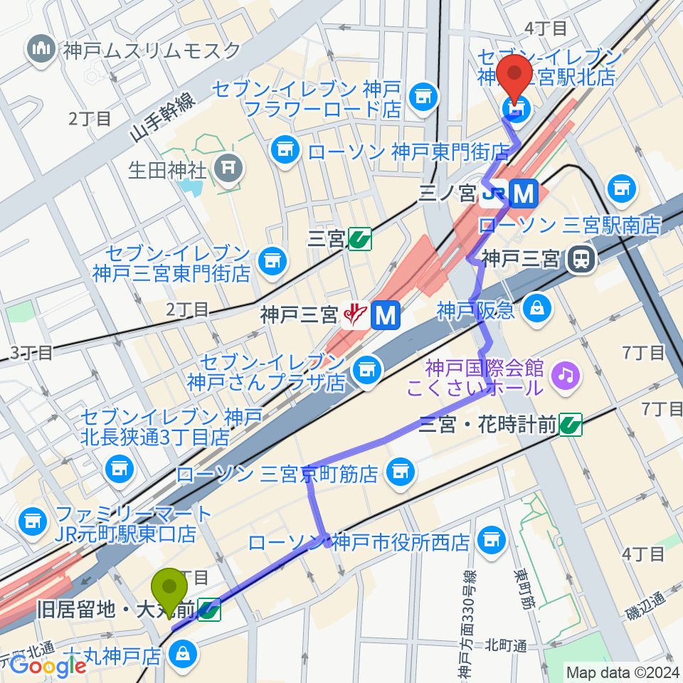 旧居留地・大丸前駅から神戸グレートブルーへのルートマップ地図