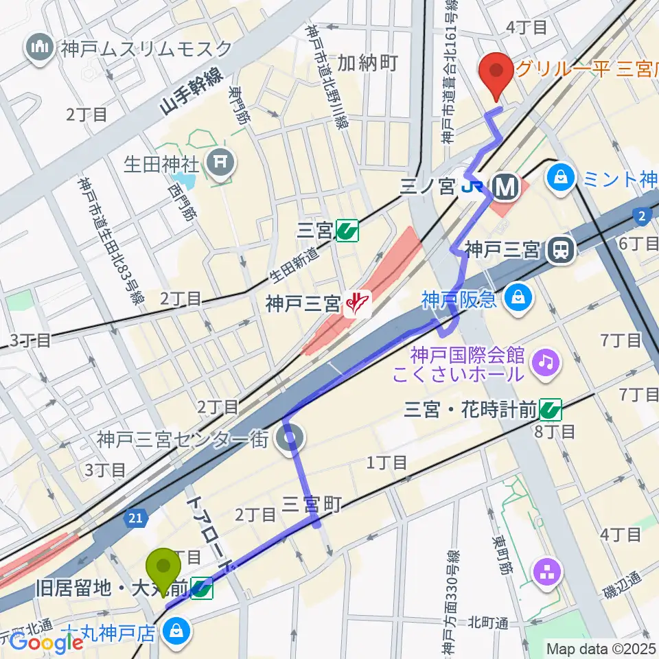 旧居留地・大丸前駅から神戸グレートブルーへのルートマップ地図
