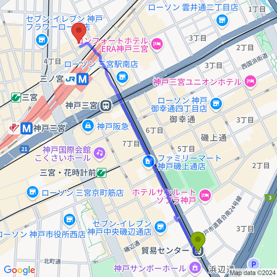 貿易センター駅から神戸グレートブルーへのルートマップ地図