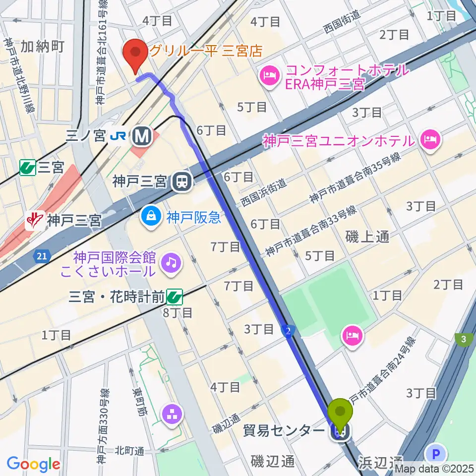貿易センター駅から神戸グレートブルーへのルートマップ地図