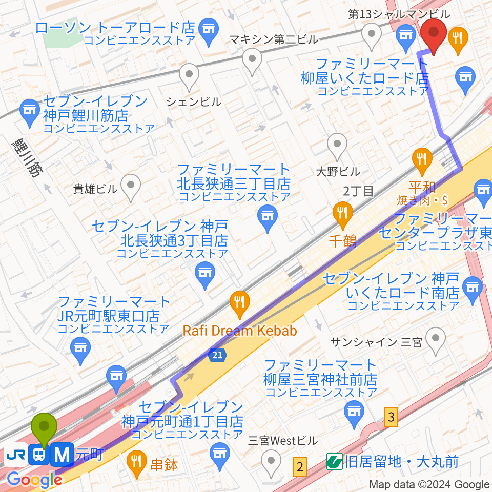 元町駅からJazzBarグッドマンへのルートマップ地図