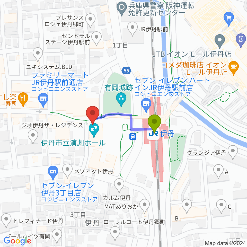 伊丹STAGEの最寄駅伊丹駅からの徒歩ルート（約2分）地図