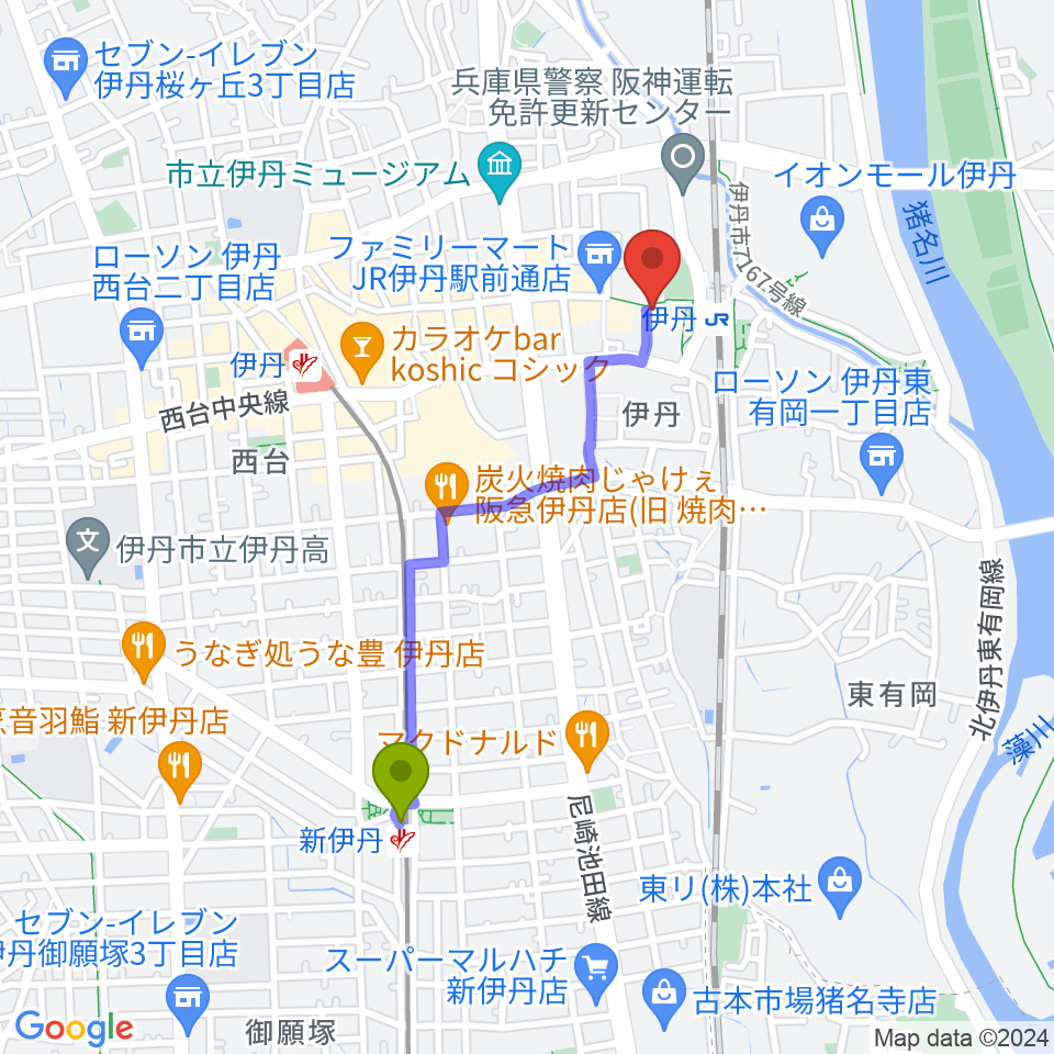 新伊丹駅から伊丹STAGEへのルートマップ地図