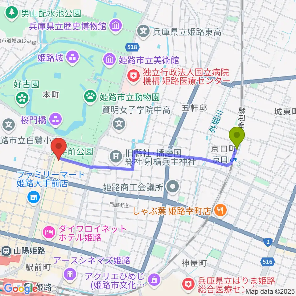 京口駅から姫路ベータへのルートマップ地図