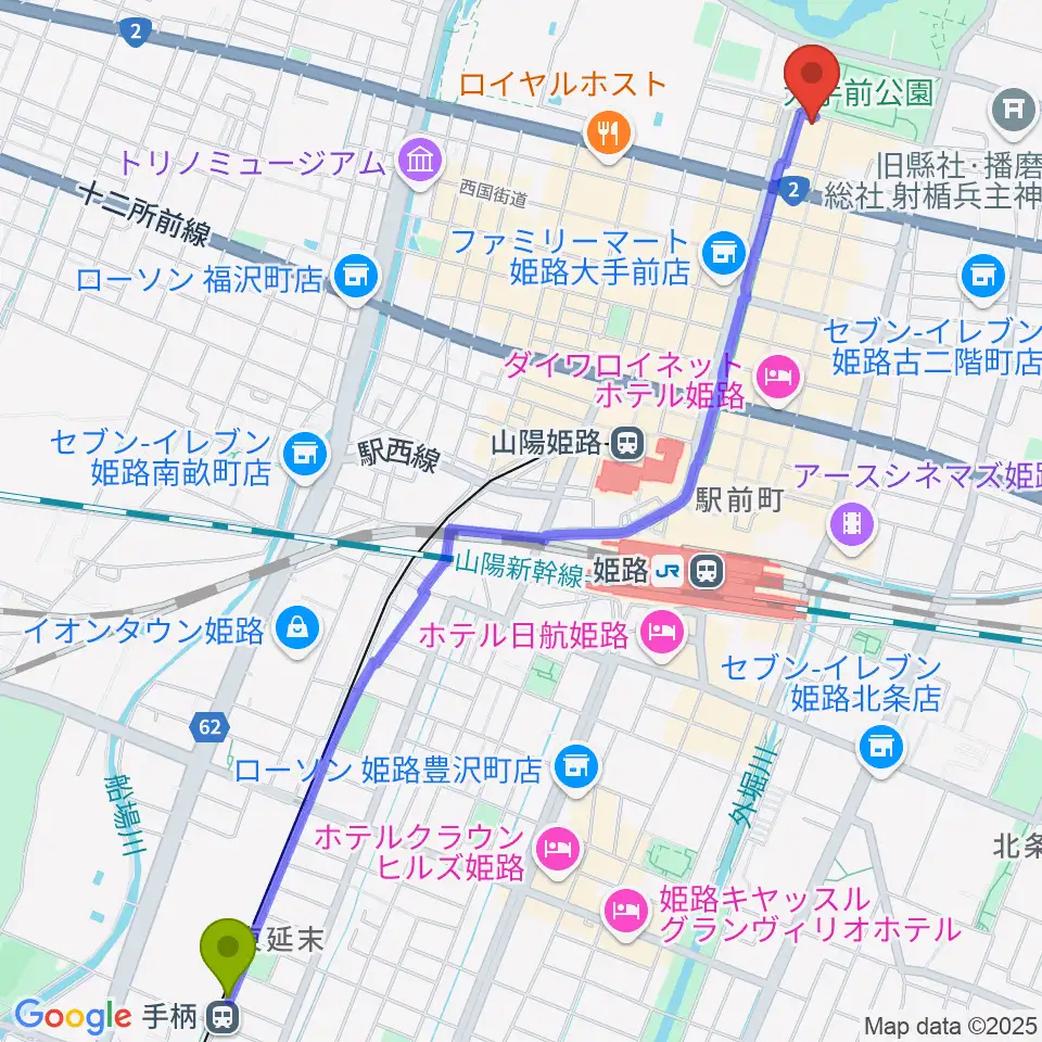 手柄駅から姫路ベータへのルートマップ地図