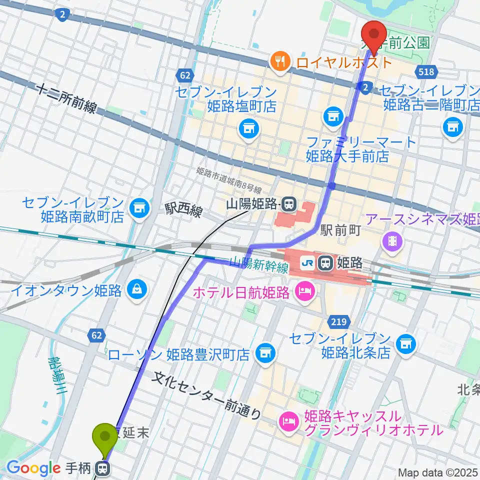 手柄駅から姫路ベータへのルートマップ地図