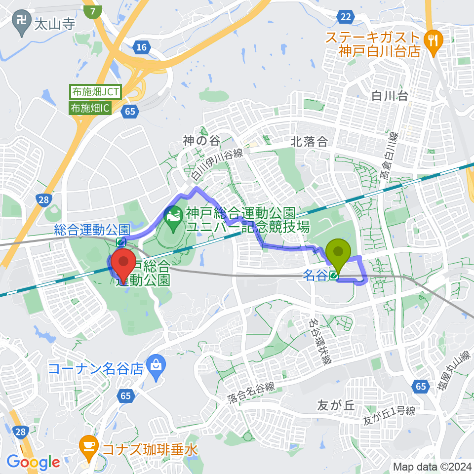 名谷駅から神戸総合運動公園 野外ステージへのルートマップ地図