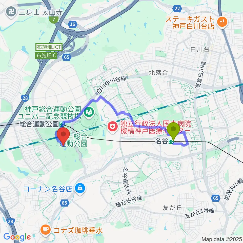 名谷駅から神戸総合運動公園 野外ステージへのルートマップ地図