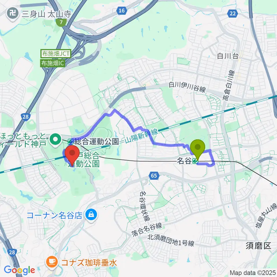 名谷駅から神戸総合運動公園 野外ステージへのルートマップ地図