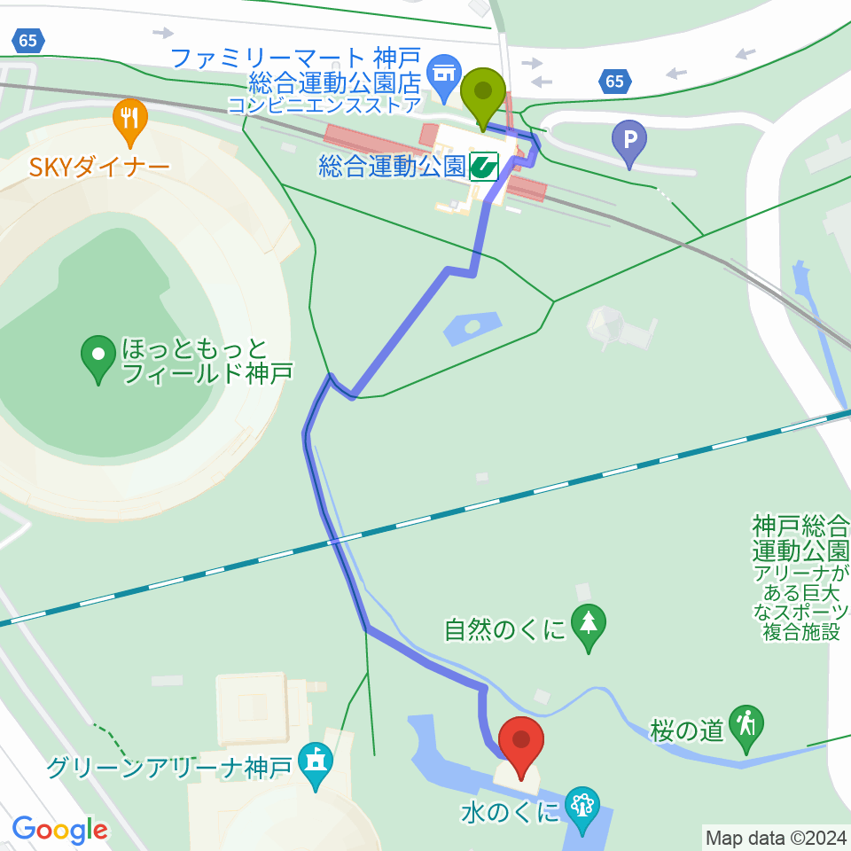 神戸総合運動公園 野外ステージの最寄駅総合運動公園駅からの徒歩ルート（約6分）地図