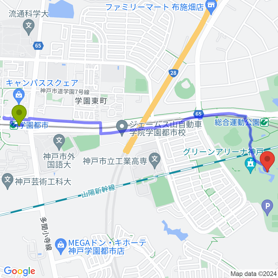 学園都市駅から神戸総合運動公園 野外ステージへのルートマップ地図