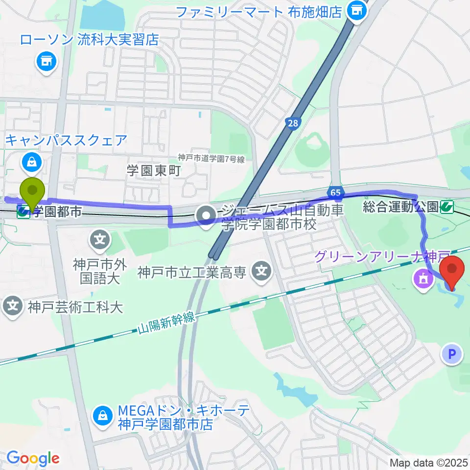 学園都市駅から神戸総合運動公園 野外ステージへのルートマップ地図