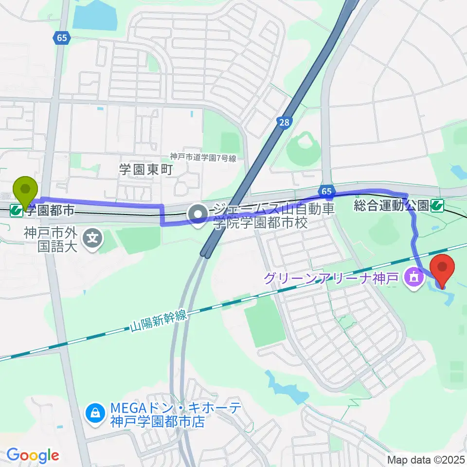 学園都市駅から神戸総合運動公園 野外ステージへのルートマップ地図