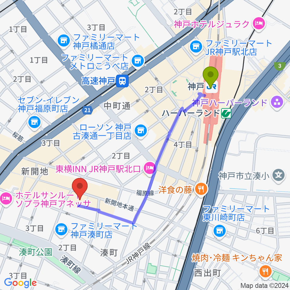 神戸駅から新開地アートひろばへのルートマップ地図