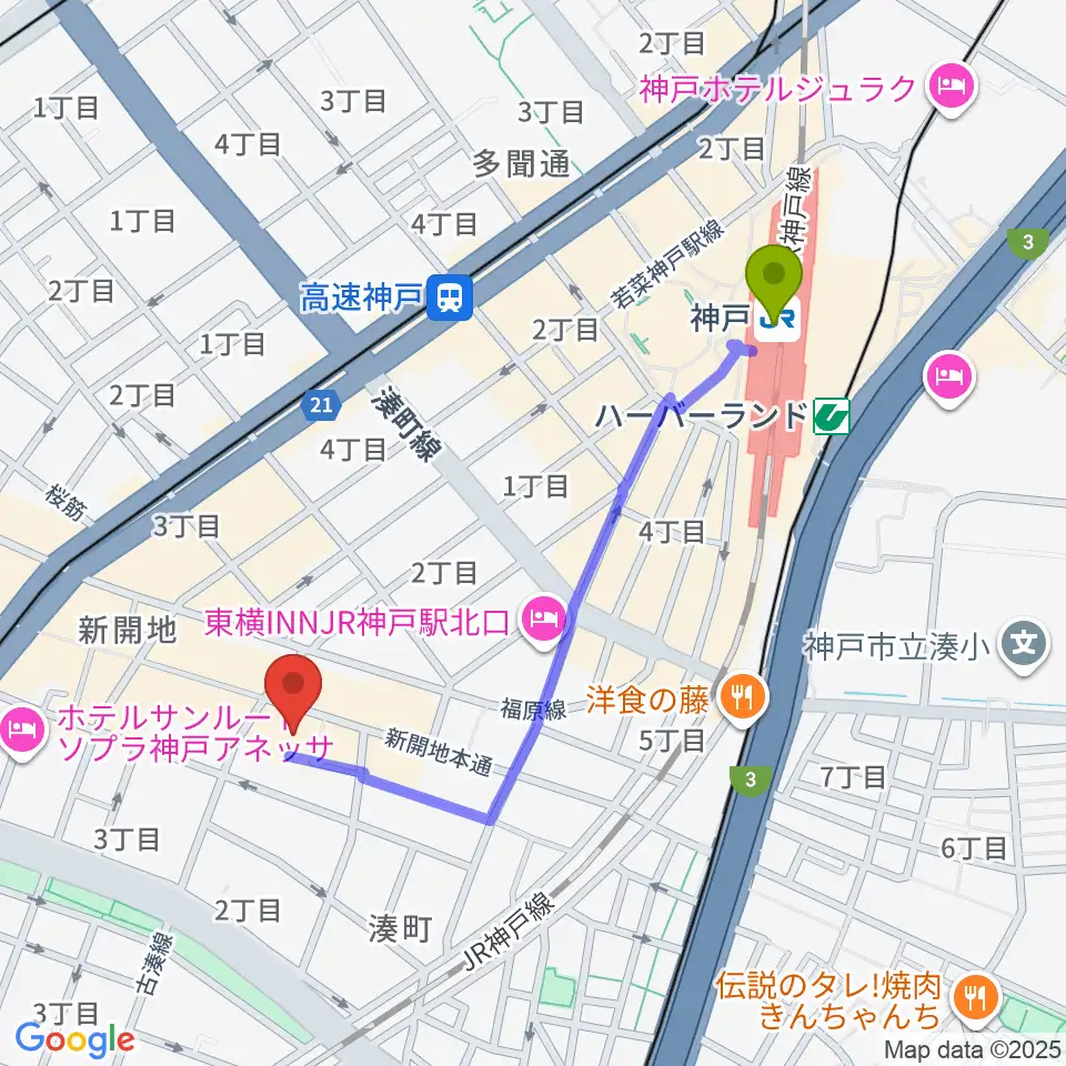 神戸駅から新開地アートひろばへのルートマップ地図