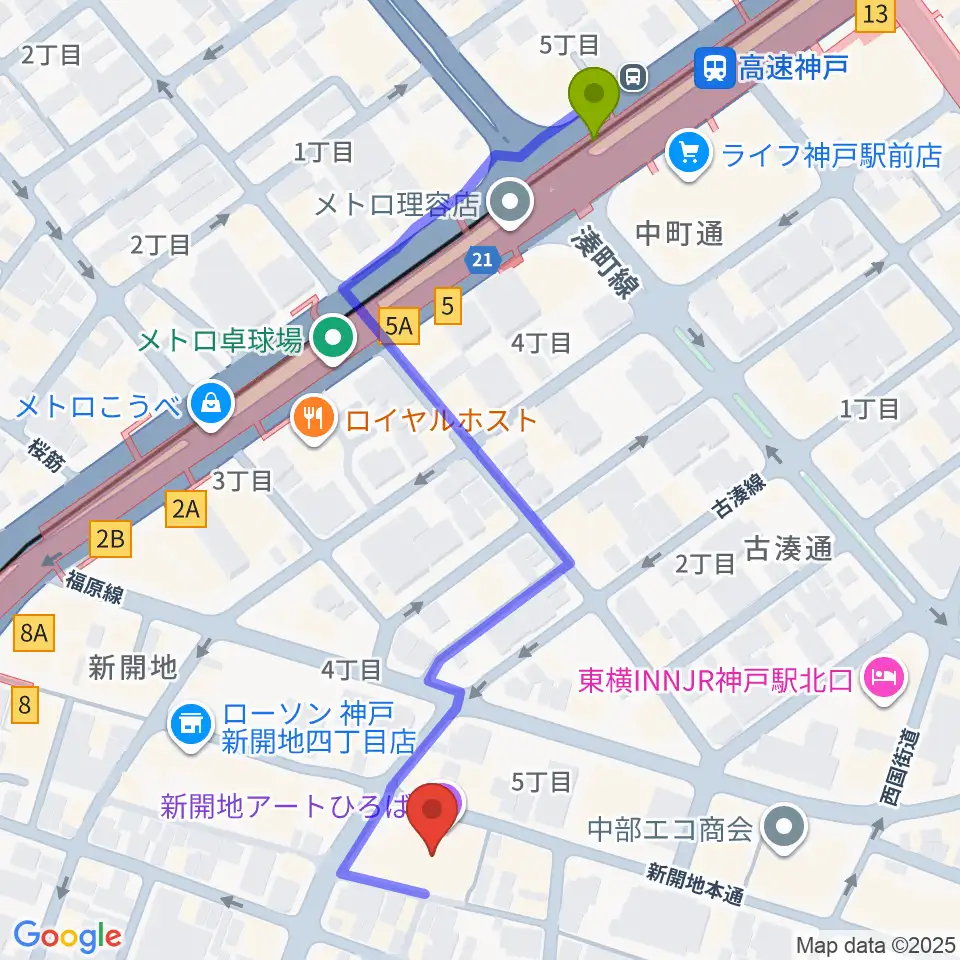 新開地アートひろばの最寄駅高速神戸駅からの徒歩ルート（約6分）地図