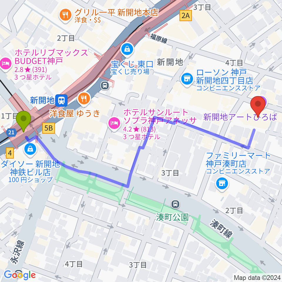 新開地駅から新開地アートひろばへのルートマップ地図