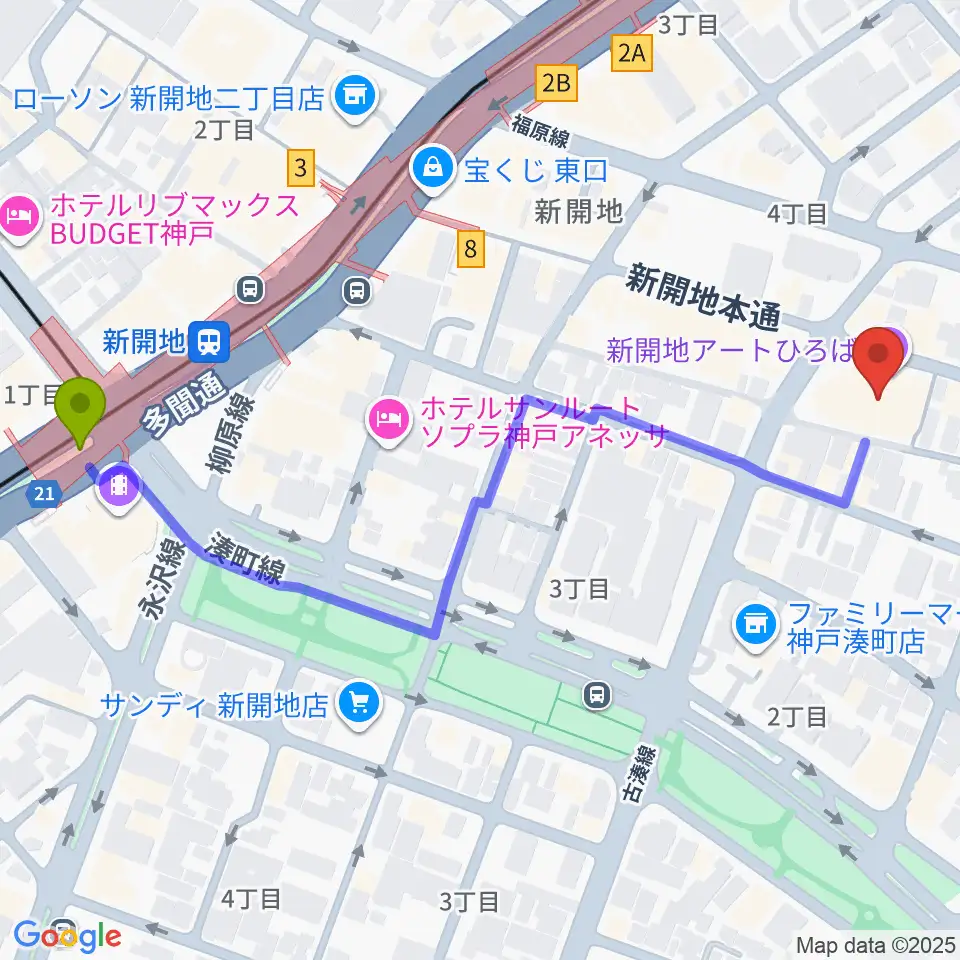 新開地駅から新開地アートひろばへのルートマップ地図