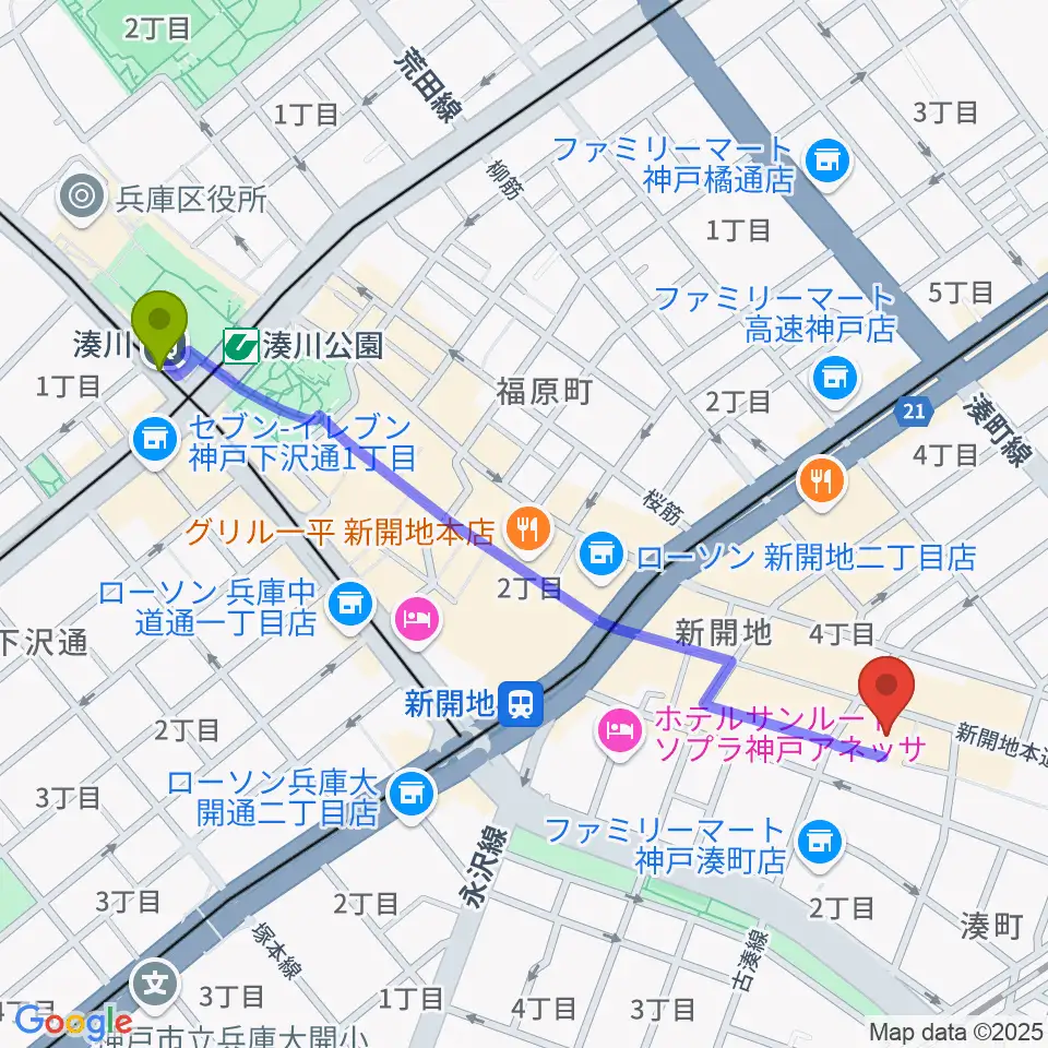 湊川駅から新開地アートひろばへのルートマップ地図