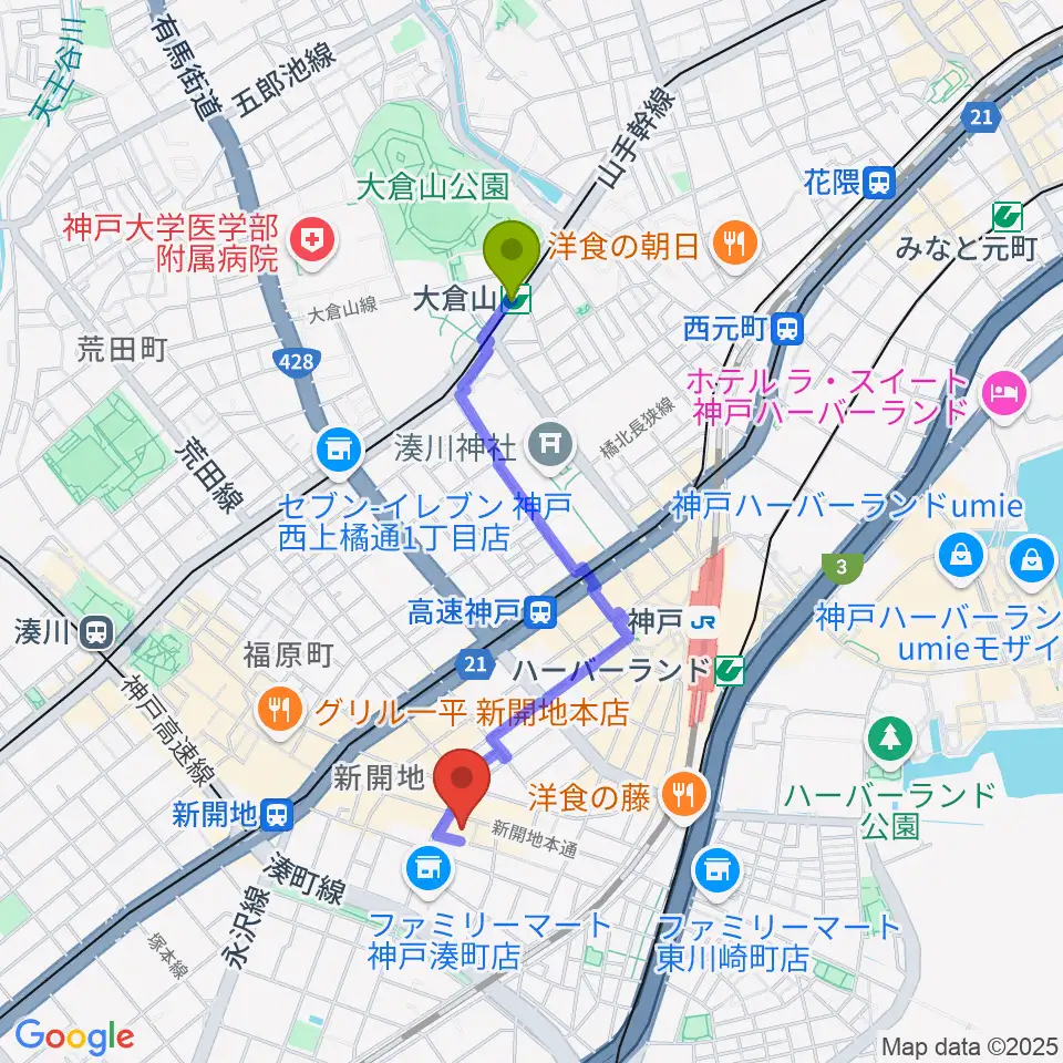 大倉山駅から新開地アートひろばへのルートマップ地図