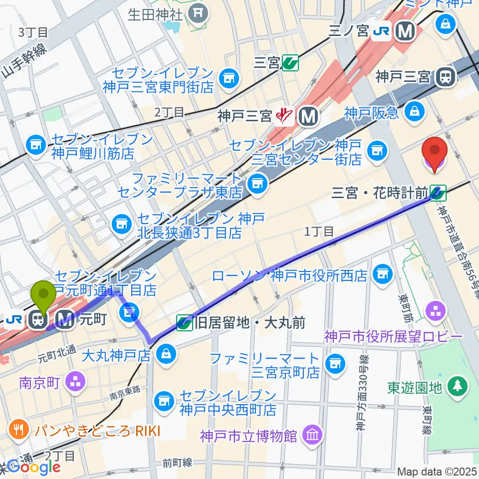 元町駅から神戸国際会館こくさいホールへのルートマップ地図