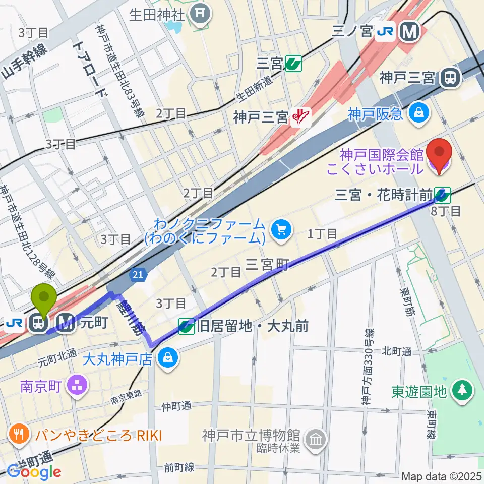 元町駅から神戸国際会館こくさいホールへのルートマップ地図
