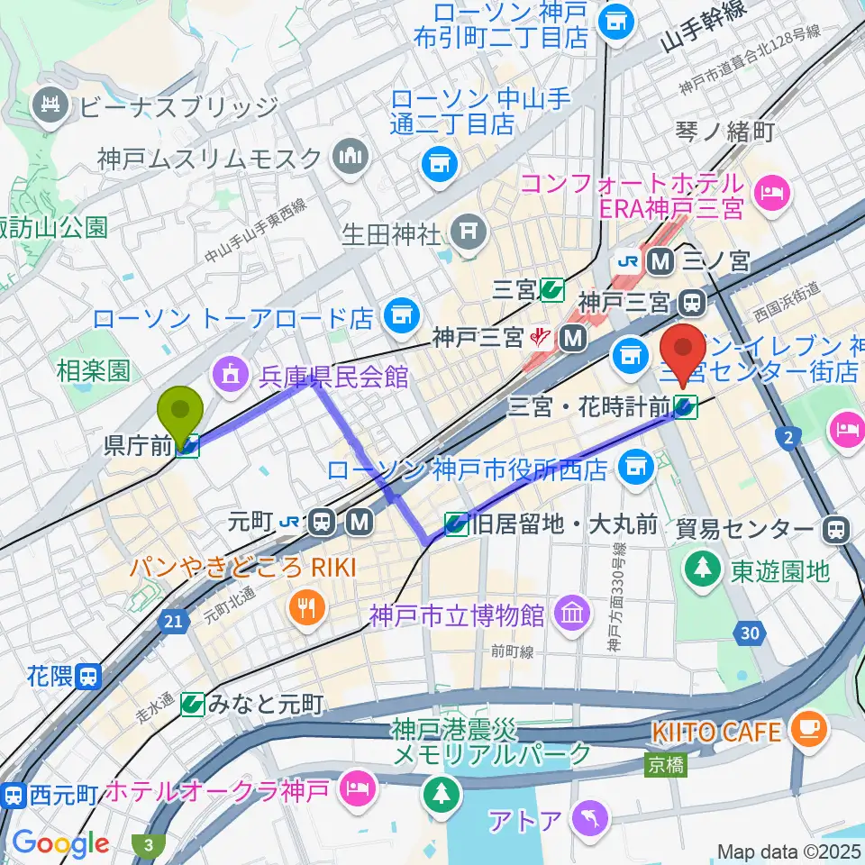 県庁前駅から神戸国際会館こくさいホールへのルートマップ地図