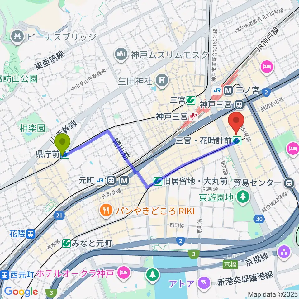 県庁前駅から神戸国際会館こくさいホールへのルートマップ地図