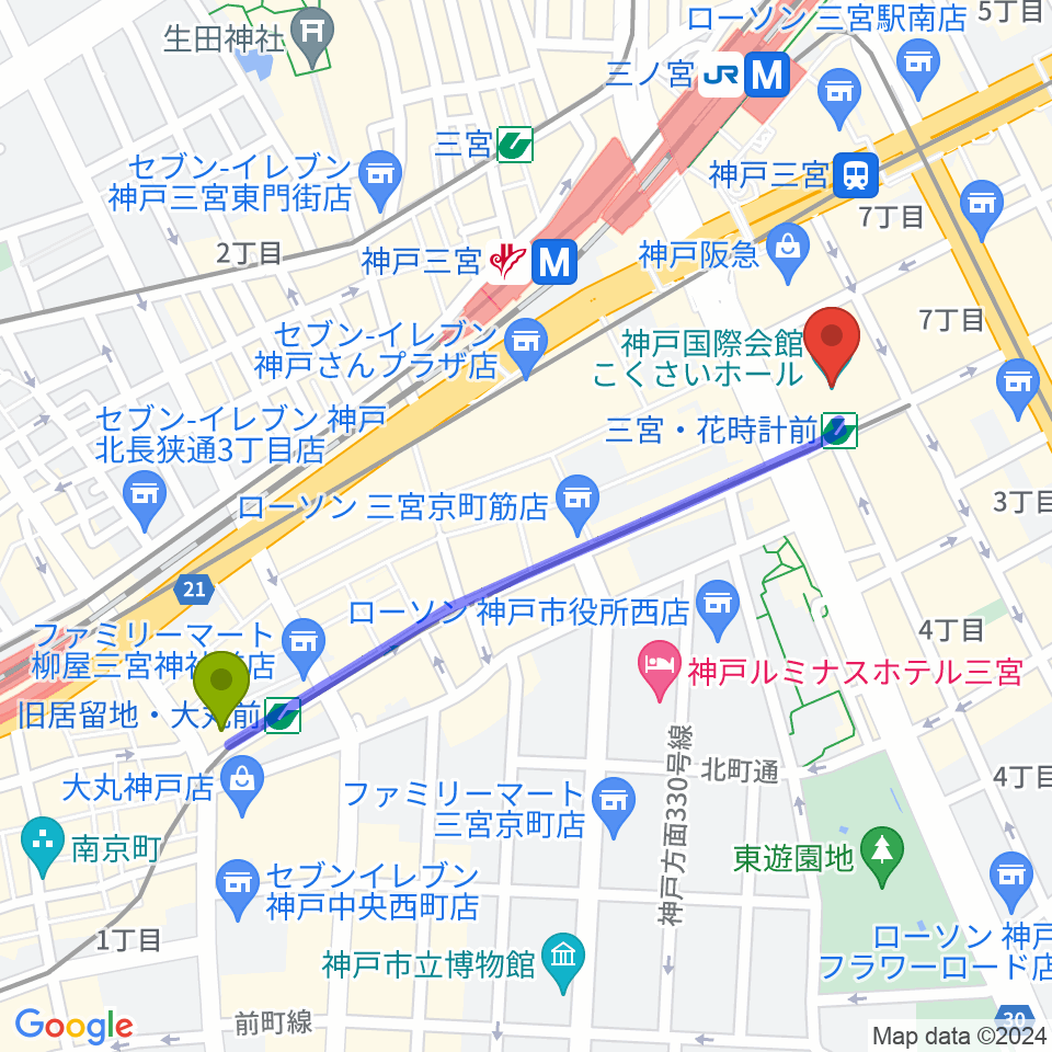 旧居留地・大丸前駅から神戸国際会館こくさいホールへのルートマップ地図