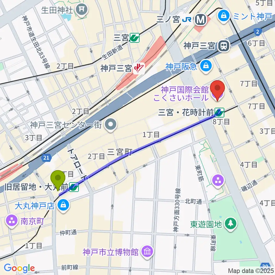 旧居留地・大丸前駅から神戸国際会館こくさいホールへのルートマップ地図