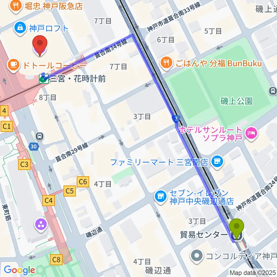 貿易センター駅から神戸国際会館こくさいホールへのルートマップ地図
