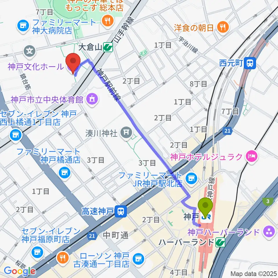 神戸駅から神戸文化ホールへのルートマップ地図