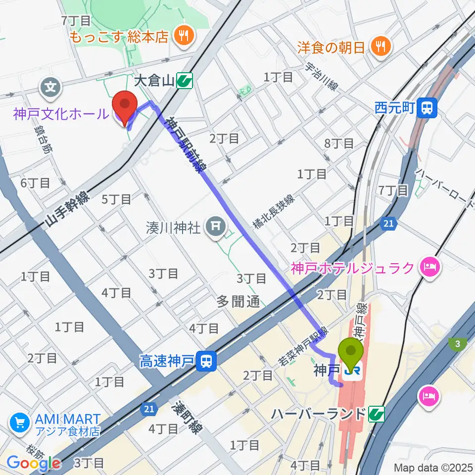 神戸駅から神戸文化ホールへのルートマップ地図