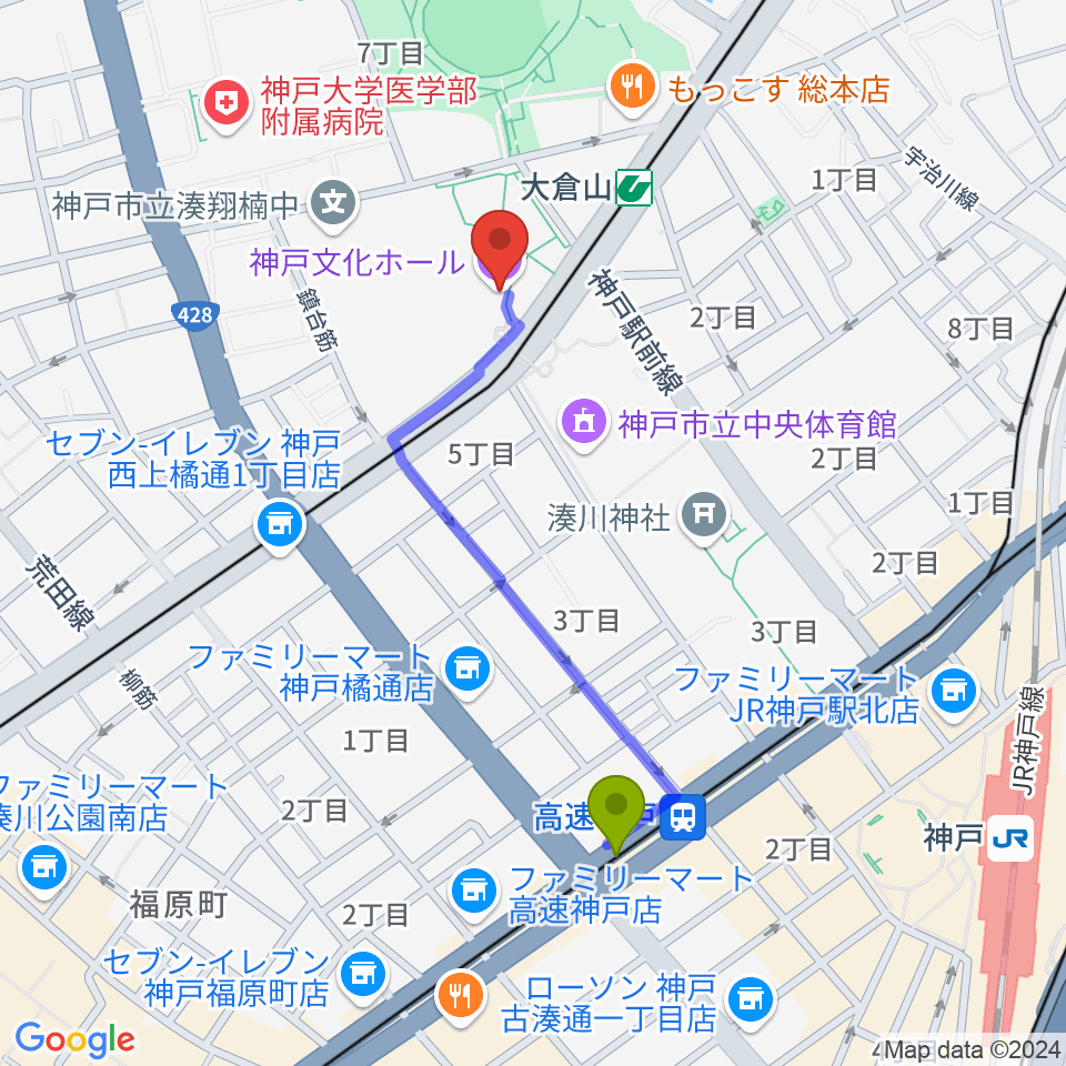 高速神戸駅から神戸文化ホールへのルートマップ Mdata