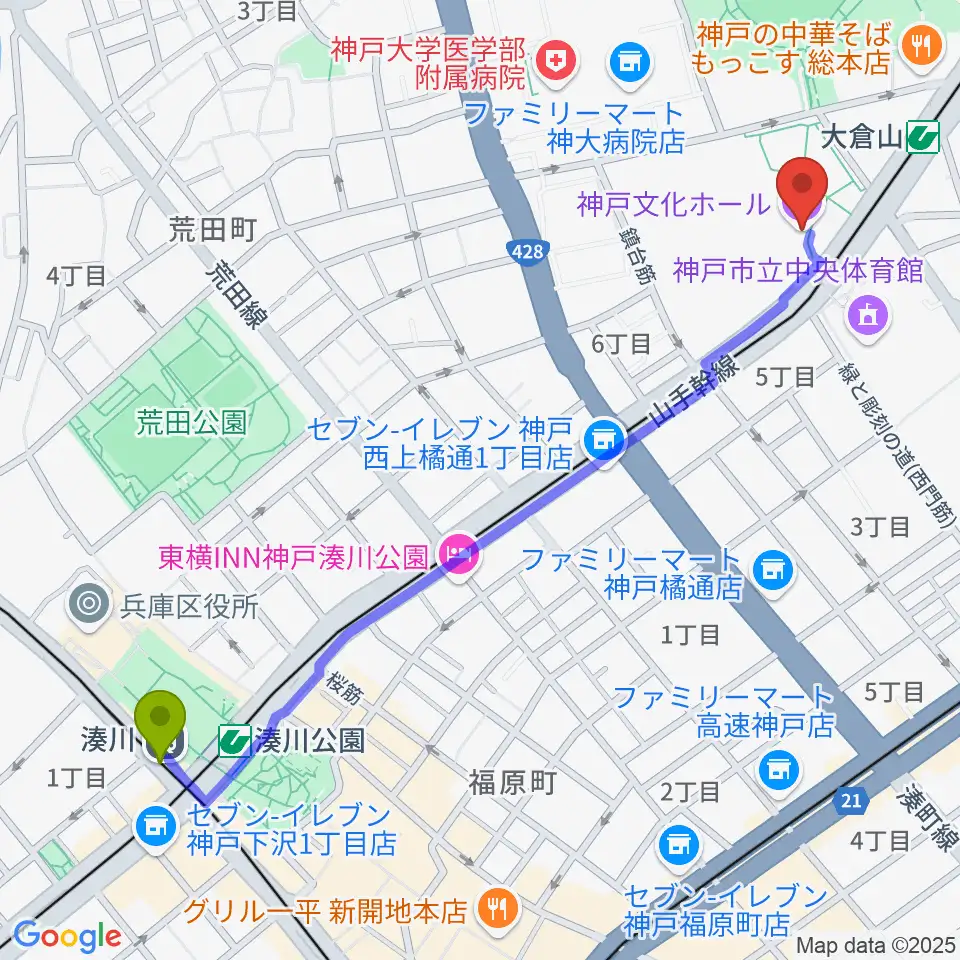 湊川駅から神戸文化ホールへのルートマップ地図