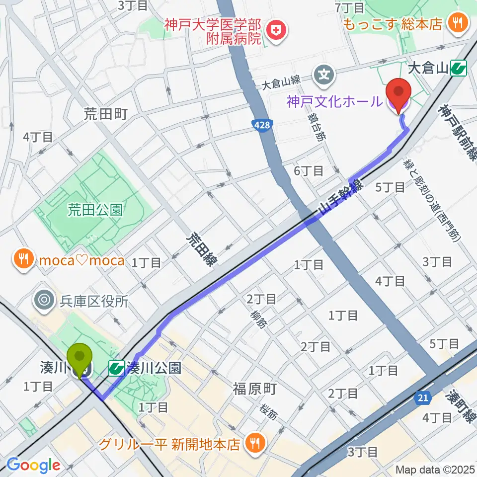 湊川駅から神戸文化ホールへのルートマップ地図