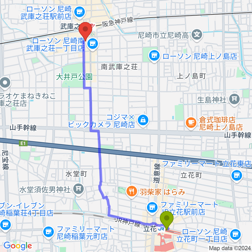 立花駅からＭクアトロへのルートマップ地図