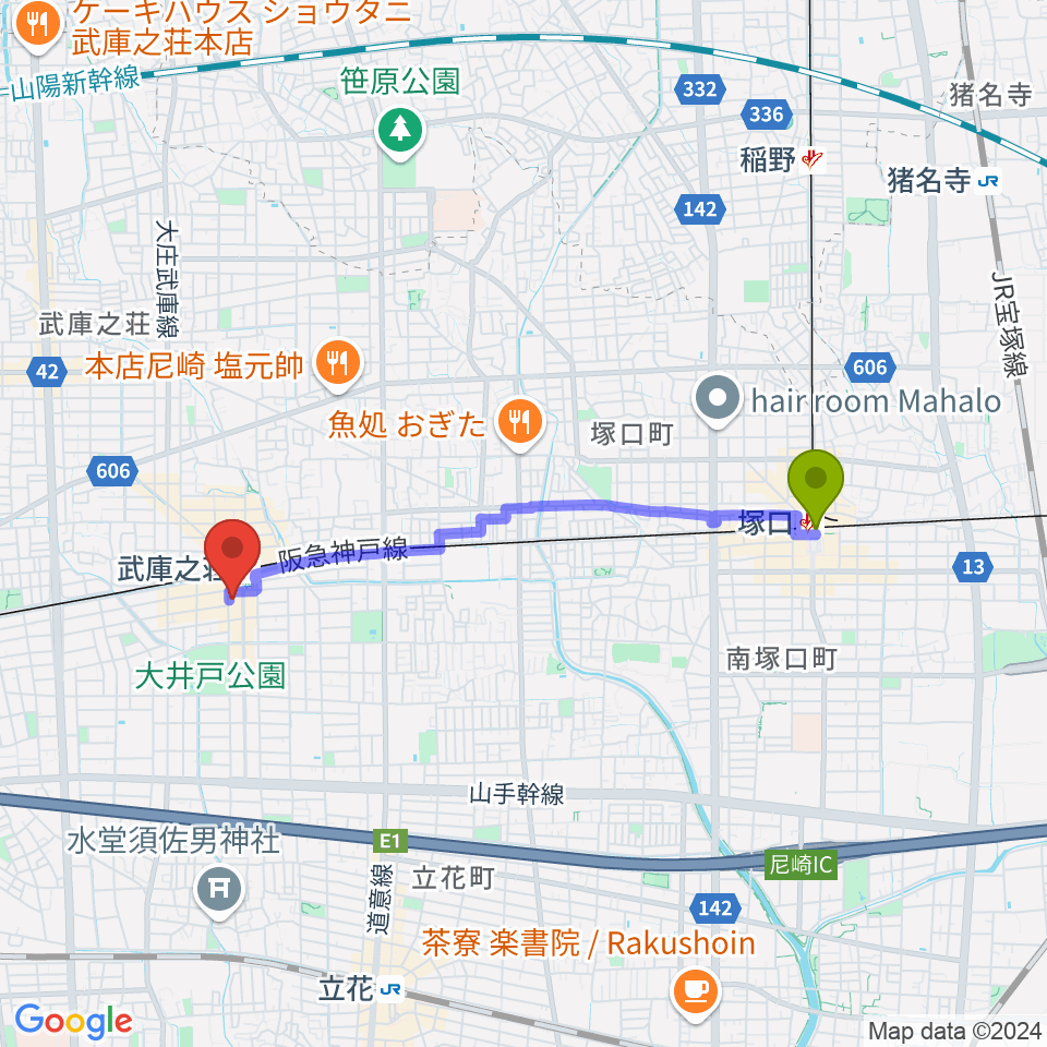 塚口駅からＭクアトロへのルートマップ地図