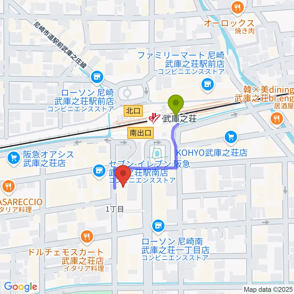 Ｍクアトロの最寄駅武庫之荘駅からの徒歩ルート（約2分）地図