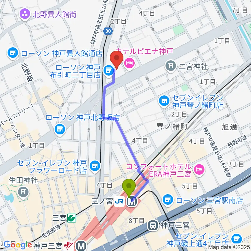 神戸三宮CASHBOXの最寄駅三ノ宮駅からの徒歩ルート（約8分）地図