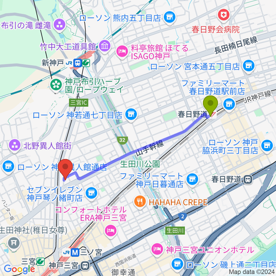 春日野道駅から神戸三宮CASHBOXへのルートマップ地図