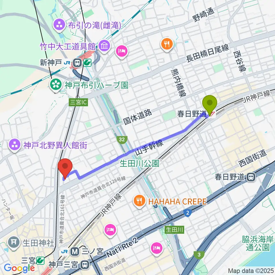 春日野道駅から神戸三宮CASHBOXへのルートマップ地図