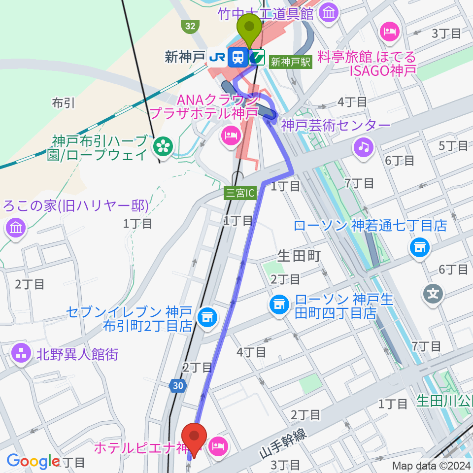 新神戸駅から神戸三宮CASHBOXへのルートマップ地図