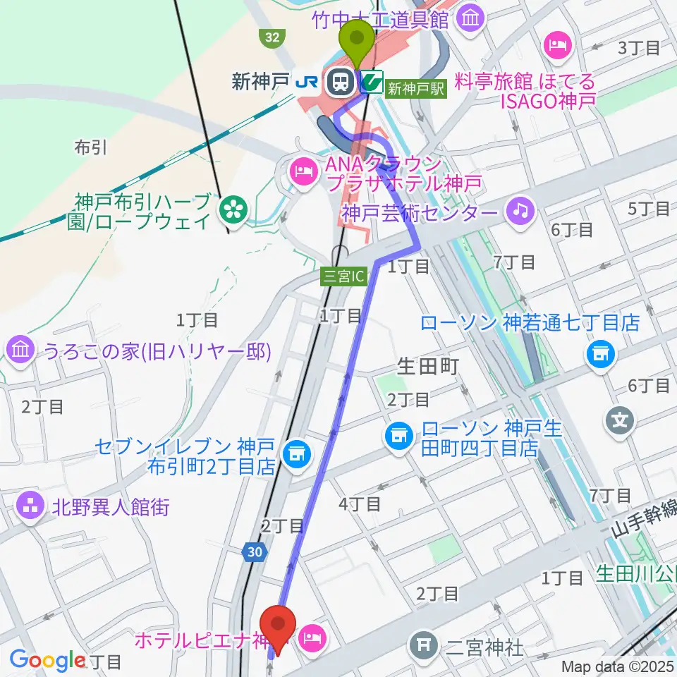 新神戸駅から神戸三宮CASHBOXへのルートマップ地図