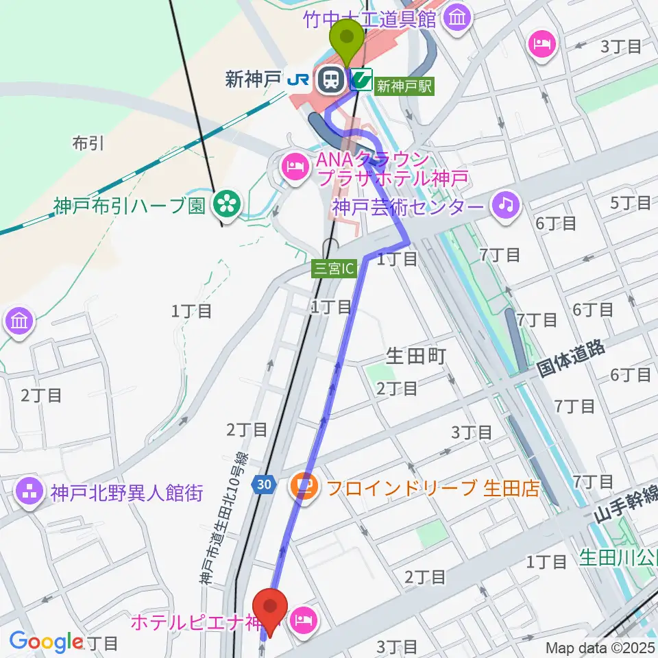 新神戸駅から神戸三宮CASHBOXへのルートマップ地図
