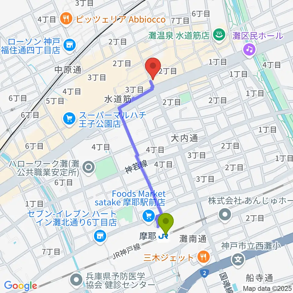 な也（LIVE MUSIC NA-Ya）の最寄駅摩耶駅からの徒歩ルート（約8分）地図