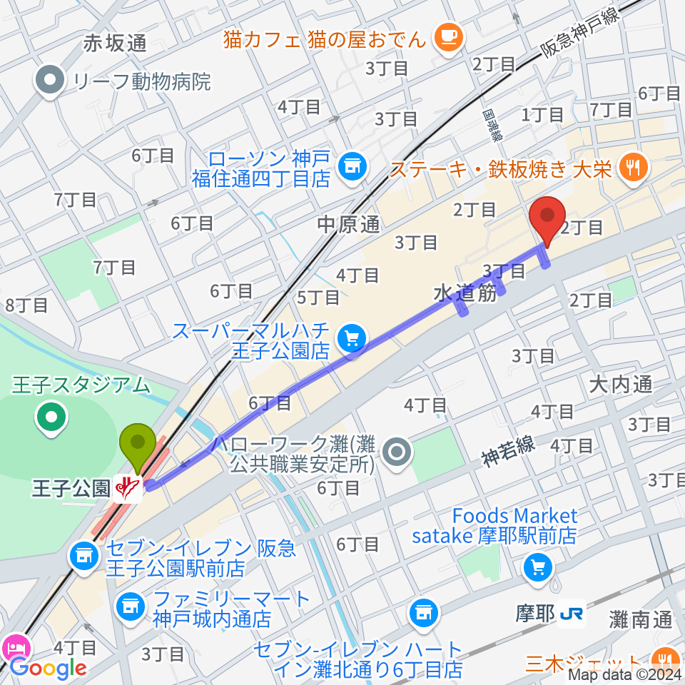 王子公園駅からな也（LIVE MUSIC NA-Ya）へのルートマップ地図