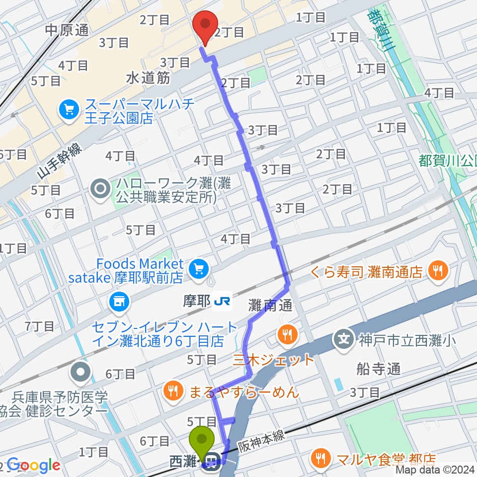 西灘駅からな也（LIVE MUSIC NA-Ya）へのルートマップ地図