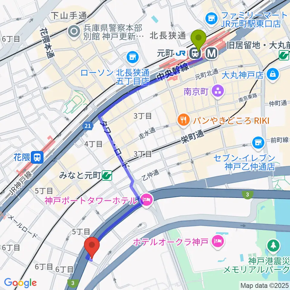 元町駅から神戸ジェームスブルースランドへのルートマップ地図