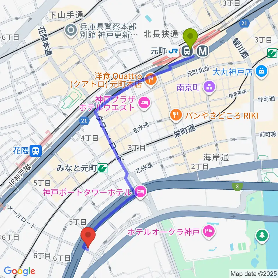 元町駅から神戸ジェームスブルースランドへのルートマップ地図